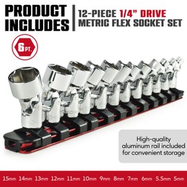 CROM Universal Flex Socket Set - 1/4 Inch Drive 6-Point 12-Piece Swivel Socket Set from 5mm to 15mm Metric - Swivel Joint for Easier Access to Tight Spaces - Aluminum Storage Rail Included