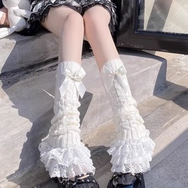 White Leg Warmers Lolita Lace Knit Long Socks for Women, Punk Preppy Boot Socks Winter Ankle Heap Sock, Y2K 80s Party Long Pile Socks