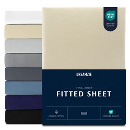 Dreamzie Premium fitted sheet 180 x 200 cm, fitted sheet for thick mattresses up to 27 cm, bed sheet 100% jersey cotton, 150 g/m², Oeko-Tex certified - beige