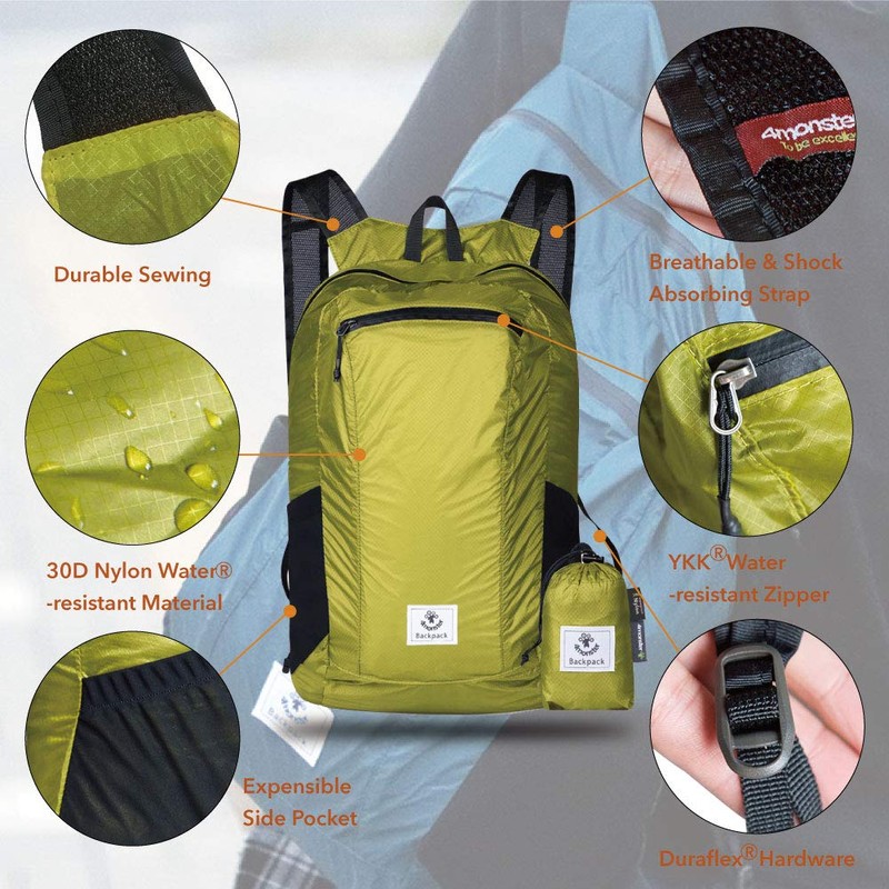 4Monster Water Resistant Foldable Backpack, Packable Hiking Daypack, Ultralight Travel