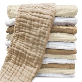 Sunny zzzZZ Muslin Burp Cloths for Baby 100% Cotton Burping Cloths for Unisex, Boy, Girl - Large 20'' by 10'' Newborn Essentials Ultra Soft Absorbent Milk Spit Up Rags - 12 Pack - White+Ivory+Brown