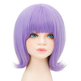 Kid Girls Light Purple Flip Out Bob Wig with Bangs, Short Straight Synthetic Vintage 60s Costume Wig Heat Resistant Halloween Cosplay Party Dress Up