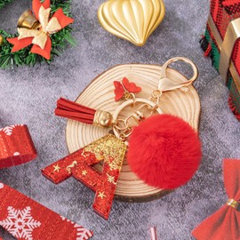 MWOOT Initial keychain, Resin Letter A keychain, Cute Car Keyring, Alphabet Key Chain with Butterfly Tassel, Red Keychains Plush Ball Keychains for Women Purse Bag Handbag Decor (A)