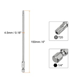 TA-VIGOR 1 x T20 Torx-Kopf-Schraubendreher-Bits, 1/4-Zoll-Sechskantschaft, 150 mm lang, magnetisch, manipulationssicher, Stern-S2-Stahl, Sicherheits-Torx-Bits mit Loch für Schlagschrauber-Bohrer