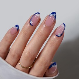 BTArtbox Press On Nails Short - Lamp-Curable Blue French Tip False Nails with Glue, Semi-Transparent Soft Gel Stick On Nails in 16 Sizes - 32 Almond Fake Nail Kit, Blue Blossom