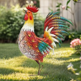 Autodaya 21" Metal Rooster Decor, Outdoor Garden Statues, Metal Chicken Sculpture for Backyard Patio Kitchen Decor