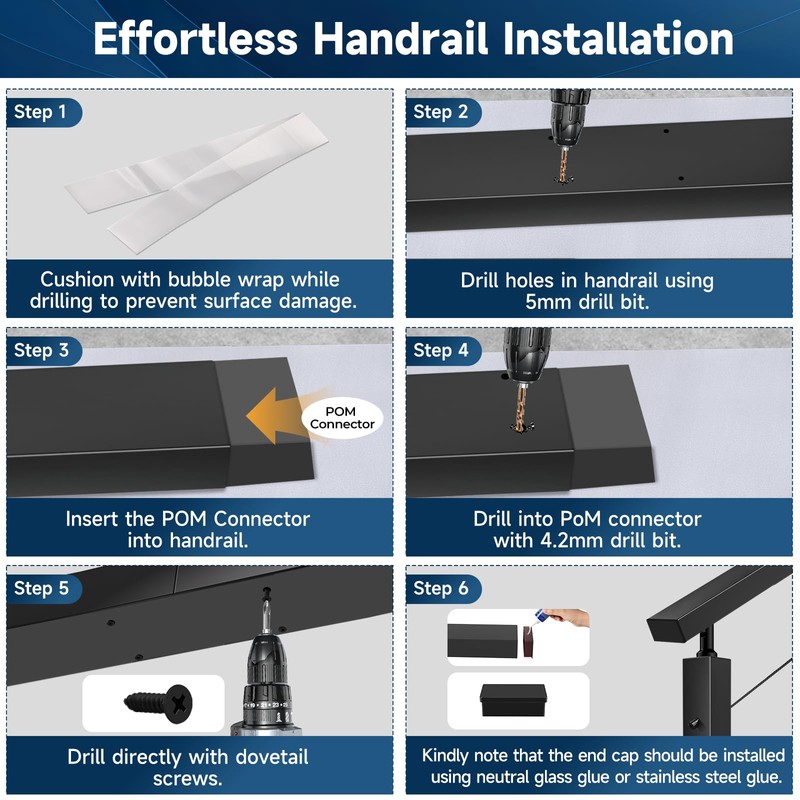 Gyykzz 4FT Black Handrail with POM Connector Block, 2 Pack