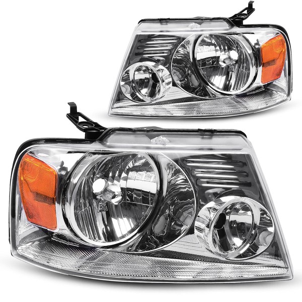 DWVO Headlight Assembly Compatible with 2004 2005 2006 2007 2008 Ford F150 Pickup 2006 2007 2008 Lincoln Mark LT Passenger and Driver Side Chrome Housing Amber Reflector