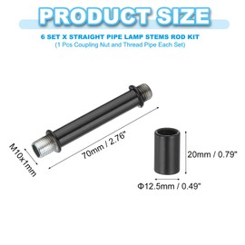PATIKIL Straight Pipe Lamp Stems Rod Kit, 6 Set M10 Carbon Steel 70mm(2.76") Long Double End Thread Rod with Coupling Nuts Sleeve Connector for Table Lamps Chandeliers, Black