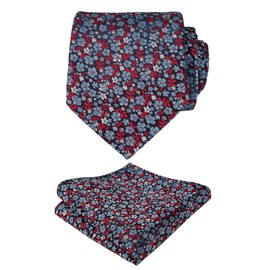 Alizeal Mens 3.15inches Exquisite Floral Tie with Small Flower Printed Pocket Square, Red+Blue