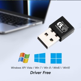 USB WLAN Stick, AC 650Mbit/s WLAN DualBand (433Mbps 5GHz/200Mbps 2.4GHz) with Built-in Driver, USB WiFi Adapter for PC/Desktop/Laptop Windows XP/7/8/10/11
