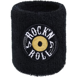 Rock & Roll Sweat Band for Wrist - Embroidered Water Absorbent Wristband for Men Women - Black Terrycloth Arm Band for Training Tennis Basketball Workout - Gift for Rockers Music Lovers