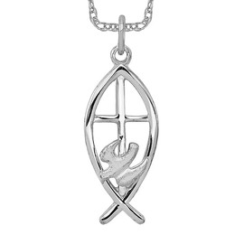 925 Sterling Silver Ichthus Fish Symbol Necklace Religious Chain Pendant Christian Jesus Christ Charm 20 inch 10 mm