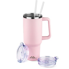 40 oz Tumbler with Handle and Straw Lid | Stainless Steel Water Bottle Travel Mug Reusable Insulated Cup With Lid And Straw, 100% Leak Proof, Keep Cold Heat and Ice for Hours(40oz,Light Pink)