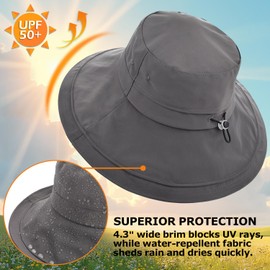 EINSKEY UPF 50+ Women's Sun Hat, Waterproof Wide Brim Bucket Hat, Ponytail Hole, Packable for Beach Hiking Fishing Gardening Dark Grey