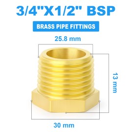 ERGAOBOY 2 pieces 1/2 inch BSP female thread to 3/4 inch BSP male thread brass reducer hex socket threaded pipe fitting