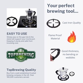 TopBrewing TopKitchenGadgets™ Universal Mocha Pot Stand ☆ Reducer Ring Holder Base Trivet for Moka Expresso Coffee ☆ Heavy Duty Cast Iron Metal Trivits Extender for Gas Hob Stoves ☆