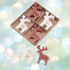 Heaven Sends Christmas Reindeer Decorations x 12 Wooden Red and Cream Deer-Nordic Scandinavian Style