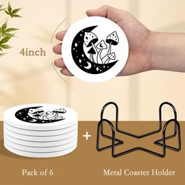 Drink Coasters with Holder,6 Pcs Moon Mushroom Black Absorbent Ceramic Coasters with Cork Base,Cute Funny Table Drinks Coasters,Table Home Decor,4 Inches