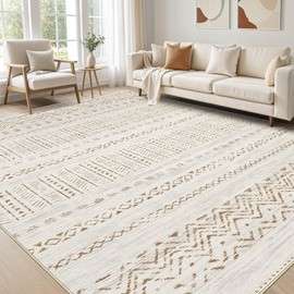 Large Living Room Area Rug 9x12: Soft Machine Washable Boho Moroccan Farmhouse Rugs for Bedroom Under Dining Table - Non-Slip Neutral Morden Indoor Floor Rug Carpet for Home Office Decor - Brown/Cream