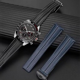 FOUUA Watch Strap 22 mm for TAG Heuer Leather Genuine Leather Watch Strap in Crocodile Style with Blue Stitching Bracelet for Tag Heuer Carrera Aquarace Monaco Series, Black, Modern