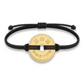 HOBBY OF KINGS Good Luck Coin Bracelet | Black String Thread Wristband | Japan Coin 5 Yen | 18k Gold Plated Fortune Wealth & Protection | Size: M