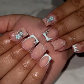 Hkanlre French Fake Nails Tips White Press on Nails Full Cover Medium False Nails Shiny Square Flower Nails for Women 24PCS