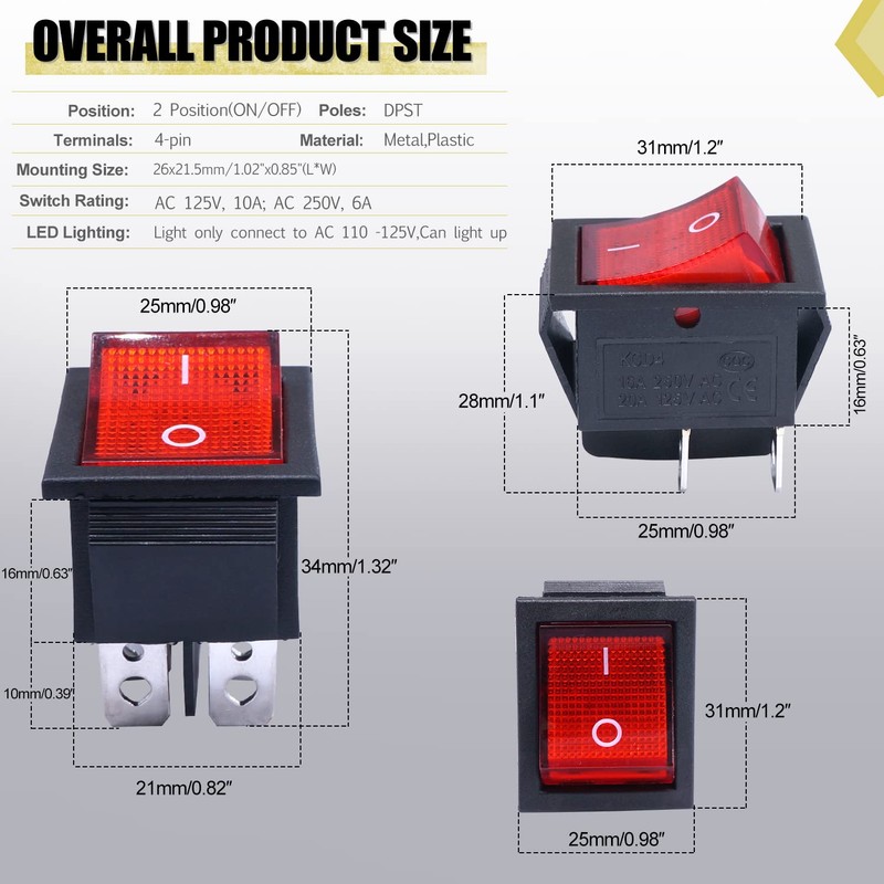 Twidec/2Pcs Rocker Switch AC 10A/125V 6A/250V DPST 4 Pins 2