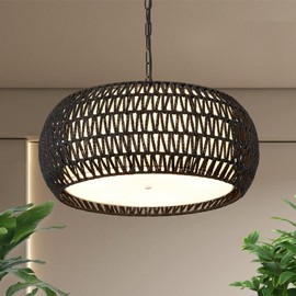 ALAISLYC 19 Inch Boho Chandeliers for Dining Room 5-Lights Black Farmhouse Light Fixtures Large Pendant Light Hand Woven Dining Table Light Fixture Rattan Hanging Lamp for Kitchen Island