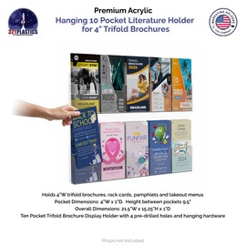 Marketing Holders Trifold Display Rack Pamphlet Pockets 4" Wide Brochure Holder 10 Pocket Wall Mount with Hardware Clear Acrylic Plexiglass Ad Rack Cards Slot Literature Organizer Display