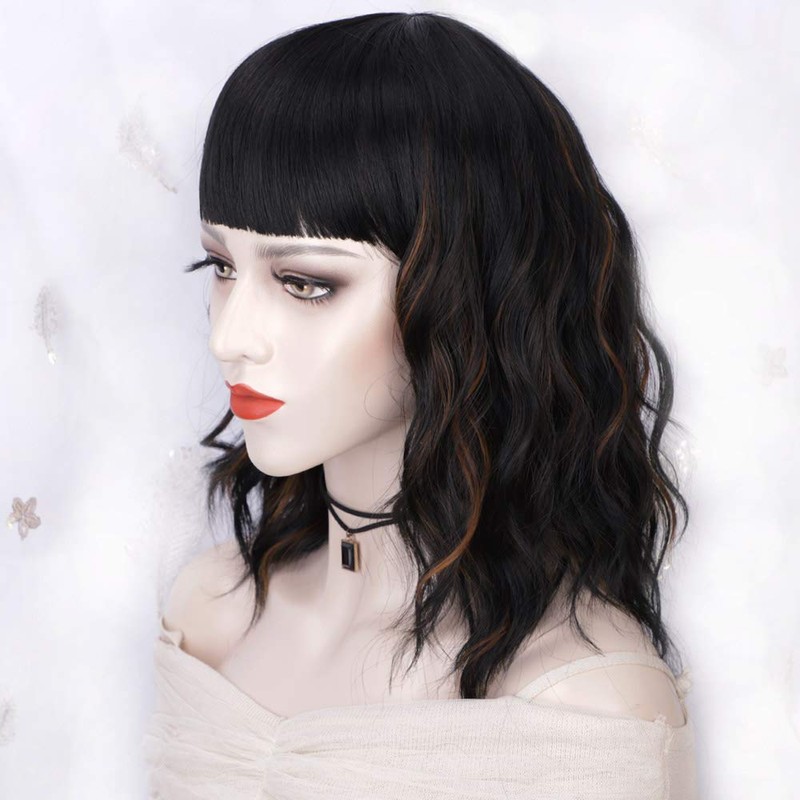 Nnzes Short Wavy Wig with Bangs Black Mixed Brown Bob