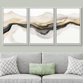 SIGNWIN Framed Canvas Print Wall Art Set Gold Gray Smoke Wave Landscape Abstract Shapes Illustrations Modern Art Decorative Contemporary Colorful for Living Room, Bedroom, Office - 16"x24"x3 White