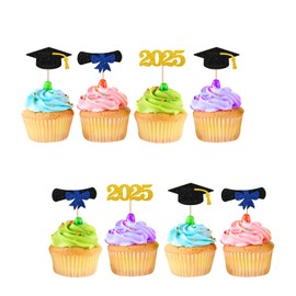 24pcs Class of 2025 Cupcake Toppers, Congrats Grad Cupcake Toppers, Gold Glitter Grad Cap Diploma Cupcake Picks for Graduation, 2025 Grad Party Supplies