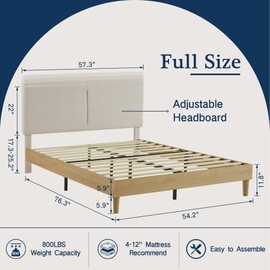 VECELO Full Bed Frame Upholstered Platform Beds with Height-Adjustable Cotton and Linen Headboard, Heavy Duty Wood Slats, 6" Under-Bed Space, Noise-Free, No Box Spring Needed,Easy Assembly