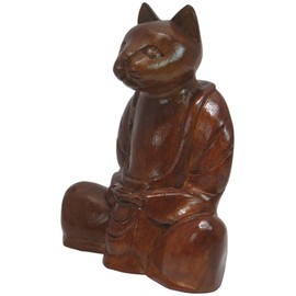 Brave Wings Hand Carved Wooden Cat ~ Meditating Cat 17cm High ~ Ornament Sculpture Figurine Statue Unique Table Decoration Home Decor ~ 5163