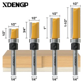 XDENGP 4 PCS Pattern Flush Trim Router Bit Set 1/4 Inch Shank, Top Bearing Flush Cut Trim Router Bit for Woodworking, Cutting Diameter: 1/2", Cutting Length: 1/2", 3/4", 1", 1-1/2"