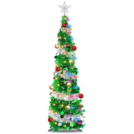 [ Dual Color Switch & Timer ] 5 Ft Pencil Christmas Tree with 50 Warm White & Multi Color Change Lights 10 Balls Ornaments 3D Star Sequins Tinsel Full Tree Christmas Decorations Home(Green Silver)