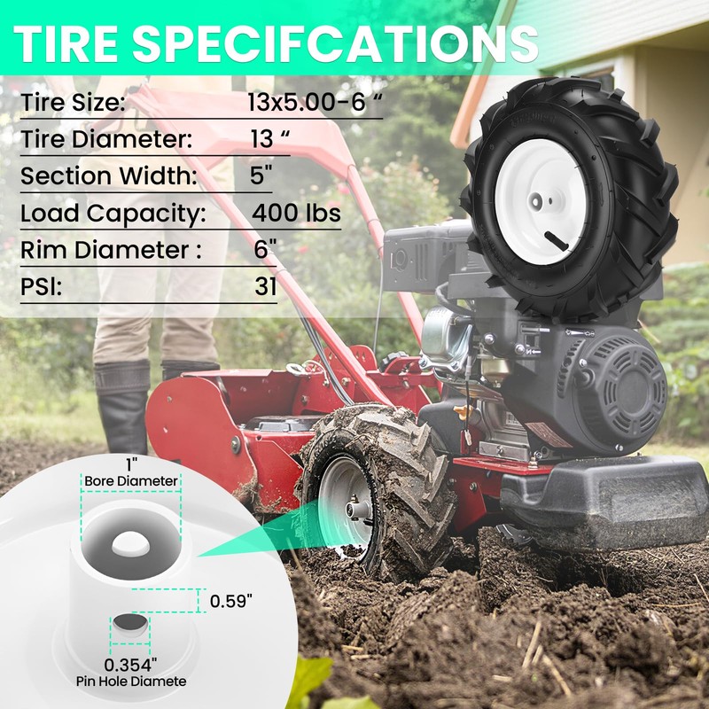 13x5.00-6" Tiller Tires and Wheels, (2-Pack 1" Axle Bore, 3-1/8"