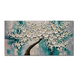 Epicler art 3D Abstract Art Oil Painting White Flower Tree Painting Textured Palette Knife White Flower Painting Modern Canvas Wall Art Home Decoration Home Painting (24x48 inches)