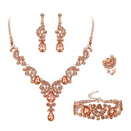 Ever Faith Wedding Rhinestone Jewellery Sets for Women, Crystal Gorgeous Floral Wave Teardrop Necklace Dangle Earrings Bracelet Ring Set Champagne Color rose Gold-Tone