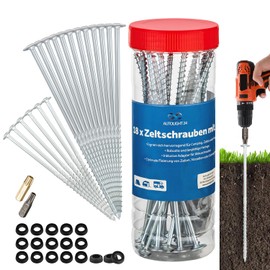 18 Screw Pegs Tent Screws with Bit Attachment and 18 Washers Transport Box for Camping, Tent Attachment, Motorhome, Caravan Awning or Storm Protection Silver