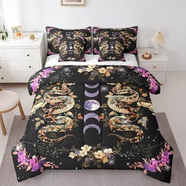 Homewish Gothic Snake Moth Kids Comforter Set 7 Piece Queen Size,Purple Moon Stars Galaxy Boho Reversible Quilt Set,Wild Animal Flowers Leaves Black Bedding Set with Comforter,Sheet,Pillowcase