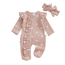 Xiaodriceee Newborn Baby Girl Valentines Day Outfit Ruffle Heart Long Sleeve Romper Onesie Waffle Jumpsuit Headband Preemie Clothes Girl (A-Pink, Newborn)