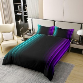 Feelyou Abstract Ombre Bedding 100% Cotton Duvet Cover Set King(No Comforter) Teal and Purple Bedding Set for Kids Boys Girls Decor Stripes Comforter Cover Set Geometric Bedroom Modern Striped Art