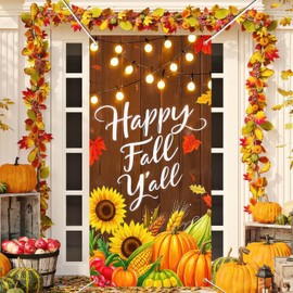 BlissYard Happy Fall Y’all Door Cover Thanksgiving Backdrop Pumpkin Sunflower Corn 71x35 Inch Autumn Banner for Porch Wall Decorations Rustic Fall Party Photo Booth Props