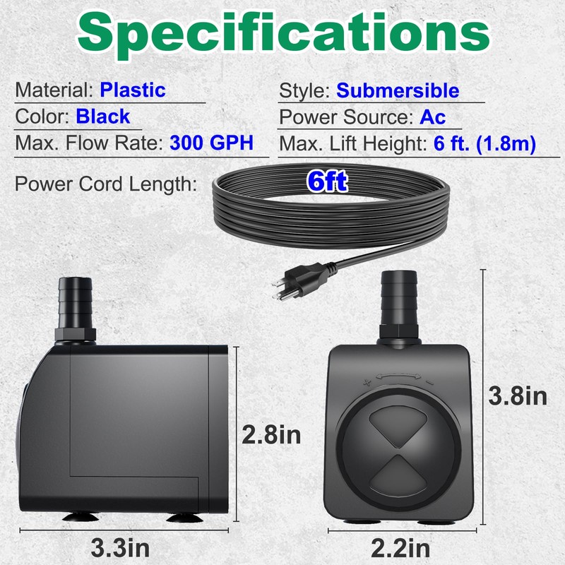 Submersible Pump 300GPH Ultra Quiet with Over Heating Protection 6ft