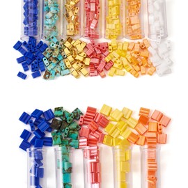 375pcs Tila Tile Beads 2-Hole Rectangle Glass Seed Beads Rainbow Color Flat Square Beads 5mm/5x2mm Double Hole Connector Beads for Multi-Strand Jewelry Bracelet Craft Making