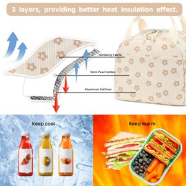 LEDAOU Insulated Lunch Box Women Reusable Lunch Bag Cord Lunch Tote Handbags Leakproof Thermal Cooler Lunch Case Large Capacity (Khaki Flower 95)