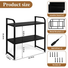 UPRIMEASY Desktop Shelf Organizer, 2-Tier Office Desk Shelf for Top of Desk, Wood & Metal Bookshelf Supplies Storage Rack (Black)