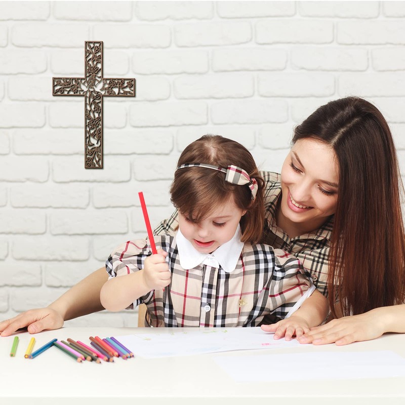 Yookeer 木製壁掛け十字架 花 鳩 宗教的 家庭 リビングルーム 装飾 素朴な木製十字架 装飾壁クロス